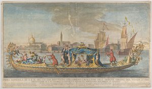 Korkeasti koristeltu ensimmäinen gondoli, jonka suurlähettiläs Giovanni Battista Colloreado saapui..., 1720-30. tekijältä Giovanni Antonio Faldoni