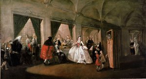 Venetsian San Zaccarian kirkon luostarista nähty sali, nunnat juttelevat vieraiden kanssa, lapsille järjestetään nukketeatteri. Gianantonio Guardin tai Giovanni Antonio Guardin (1699-1760) maalaus 1700-luvun su. 108x208 cm Venetsia, M
