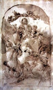 Neitsyt ja lapsi Pyhän Dominikin, Pyhän Teresan ja St. Coribianin kanssa, n. 1745 (ruskea pesu punaisella liidulla)