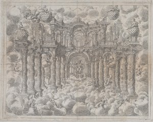 Levy 2 [vastavarma]: Lavastus, jossa on allegorisia hahmoja, jotka istuvat pilvien keskellä,..., 1690. tekijältä Giovanni Antonio Lorenzini