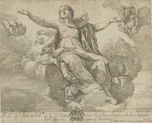 Neitsyt taivaaseenastuminen, joka istuu pilvissä kädet ojennettuina, ang..., 1685-1720. tekijältä Giovanni Antonio Lorenzini