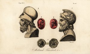 Ateenalaisten poliitikkojen Miltiades nuoremman 1,2, Themistokles 3,4 ja kuningas Pyrrhus I 5 rintakuvat ja jalokivet