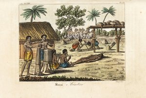 Ihmisuhri pyhällä maraeella (Morai) tai hautausmaalla Tahitilla. Rummut vasemmalla, sikasidottu uhri ja kaksi haudankaivaajaa kaivamassa hautaa ennen kasaa ihmisten pääkalloja ja nuolien värisiä. Käsinvärinen kuparilevy, jonka Sasso kaivertanut John Webber