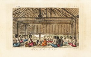 Kuningas Polaho juo kavaa longhousessa, Tonga (Ystävälliset saaret). Käsinvärinen kuparilevy, jonka Sasso on kaivertanut John Webberin mukaan Giulio Ferrarion muinaisista ja moderneista puvuista maailman kansoille, Firenze, Italia