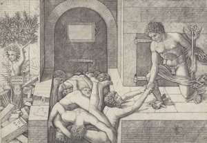 Tietämättömyys ja Merkurius vertauskuva hyveestä ja paheesta, Merkurius polvistuu oikealla..., n. 1490-1525.