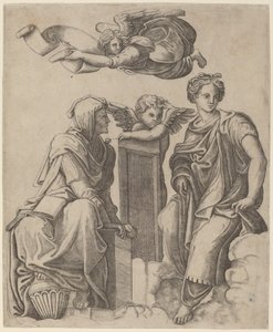 Kaksi sibylaa ja enkeli tekijältä Giovanni Antonio da Brescia after Raphael