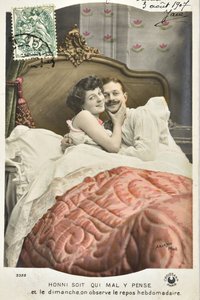 Postikortti: Honni be qui mal think y / Sunnuntai lepoviikko - päiväys 1907 tekijältä Phillipe de Marlier