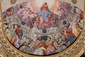 Genova, Duomo (Pyhän Laurentiuksen katedraali), sisällä, Lercari-kappeli tai Siunatun Sakramentin kappeli (pohjoinen apsidi), apsi: "Neitsyen taivaaseenotto", fresko Giovanni Battista Castello tunnetaan nimellä Bergamasco