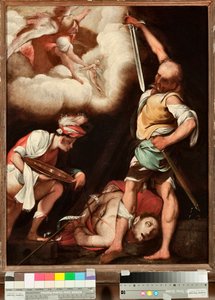 Pyhän Johannes Kastajan dekolaatio Mies yrittää nostaa pyhän pään ja laittaa sen tasangolle (Johannes Kastajan pään mestaus) Il Ceranon (Giovan Battista Crespi) maalaus (1567/8-1632), Genes, Musei di Strada Nuova (inv n. PB 2812)