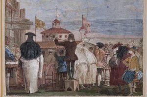 Vierasmajoitus, karnevaalikohtausten huone: "Uusi maailma", kohtaus öljymaalausta jäljittelevillä naamioilla tekijältä Giovanni Battista Tiepolo