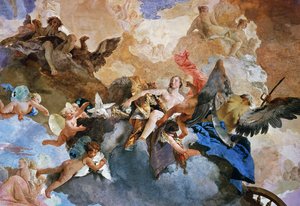 Kronoksen Venuksen kidnappaus, yksityiskohta auringon vaunujen kulusta, Giambattista Tiepolon (1696-1770) fresko, Gobeliinigalleria, Palazzo Clerici, Milano, Lombardia, Italia. tekijältä Giovanni Battista Tiepolo
