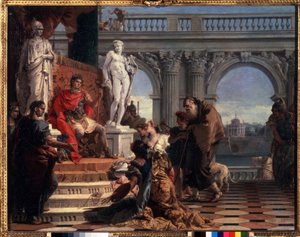 Maecenas esittelee taidetta Augustukselle. Caius Cilnius Maecenas (tai Mecene) (noin 70 eaa.–8 eKr.) roomalainen poliitikko, joka omisti omaisuutensa ja vaikutusvaltansa taiteen ja kirjainten edistämiseen tekijältä Giovanni Battista Tiepolo