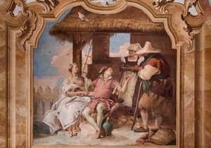 Palazzina (pieni rakennus): Arioston toinen huone tai huone, jossa on freskoja, jotka edustavat "Orlando Furioson" jaksoja: "Angelica ja Medoro paimenten talossa" tekijältä Giovanni Battista Tiepolo