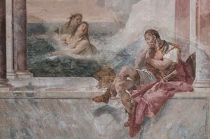 Palazzina (pieni rakennus): näkymä ensimmäisestä huoneesta ja sen freskoista, jotka edustavat Iliaksen jaksoja: "Achilles kyyneleissä, kun hänen äitinsä Thetis nousee merestä lohduttamaan häntä", yksityiskohta tekijältä Giovanni Battista Tiepolo