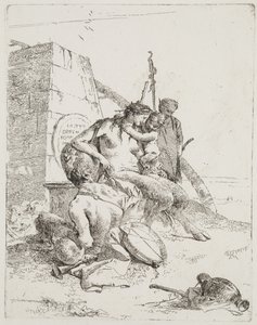 Satyr-perhe obeliskin kanssa, Venetsia, n.1765 (etsaus) tekijältä Giovanni Battista Tiepolo