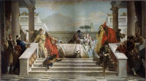 Kleopatran juhla. Egyptin kuningatar (69-30 eKr.) on todennäköisesti kuvattu roomalaisen poliitikon ja kenraalin Marc Antonyn (Marcus Antonius, 83-30 eKr.) kanssa. (Kleopatran juhla). Giambattista Tiepolon (1696-1770) maalaus. Öljyä t tekijältä Giovanni Battista Tiepolo