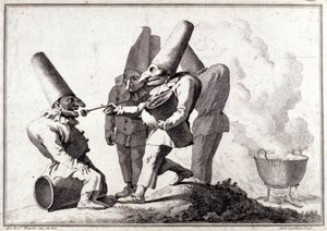 Pulcinella-ryhmä (italialainen Polichinelle). Giovanni Battista (Giambattista) Tiepolon (1696-1770) piirustus kynällä ja pesu lyijykynällä. tekijältä Giovanni Battista Tiepolo