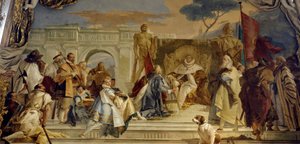 Hohenstaufenin Frederic I:n (1122-1190) Eveque Aroldon insituutio ja Frederic Barberousse, Saksan kuningas, ja Giovanni Battista (Giambattista) Tiepolon (1696-1770) germaaninen keisari Fresco. 1700-luvun Wurzburgin palatsi (Würzburg) Saksa tekijältä Giovanni Battista Tiepolo