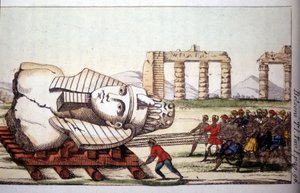 Belzonin kuljettaa Memnonin rintakuva Niilin rannalla. Giovanni Battista (Gianbattista) Belzoni (1778-1823), italialainen tutkimusmatkailija ja arkeologi, on tehnyt tärkeitä arkeologisia löytöjä Egyptissä. Kaiverrus - "" Viaggio in Egitto e tekijältä Giovanni Battista (after) Belzoni