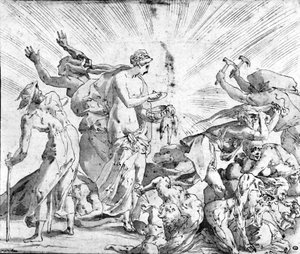 Myytti Pandoran lippasta, piirros Rossosta tekijältä Giovanni Battista (after) Rosso