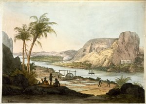 Abu Simbulin kahden temppelin ulkonäkymä, vuodelta 1822 peräisin olevasta teoksesta Plates illustrative of the Researches in Egypt and Nubia, julkaistu 1822.