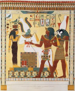 G. Belzonin löytämä seinämaalaus Theban kuninkaiden haudoista, levy 19 julkaisusta "Plates Illustrative of the Researches in Egypt and Nubia", kaiverrettu Charles Hullmandel (1789-1850) 1820-22 (valaistu