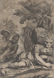 Leijona kaatuneen ratsumiehen huipulla oikealla ja kaksi muuta sotilasta vasemmalla, 1640-70.
