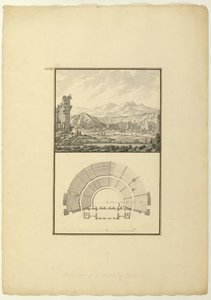 Näkymä ja suunnitelma Hierapoliksen teatterista (nykyinen Pamukkale), n. 1750 (kynä ja muste ja pesu paperille)
