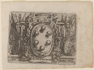 Omistus Don Pietro Medicille elokuvasta "Bizzarie di different figures" tekijältä Giovanni Battista Bracelli