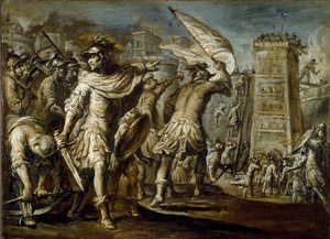 Ensimmäinen ristiretki: "" Genovan condottiero Guglielmo Embriaco Jerusalemin valloituksen aikana"" Se on Genovan alusten metsistä tehdyn hyökkäystornin alkuperä. Giovanni Battista Carlonen yksivärinen maalaus