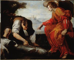 Tobie tapaa arkkienkeli Rafaelin (Tobias tapaa arkkienkeli Rafaelin) Giovanni Battista Carlonen (1592-1677) maalaus 1600-luvulta Genes, Musei di Strada Nuova (ex Palazzo Bianco)