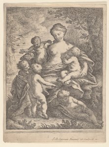 Hyväntekeväisyys, istuu maisemassa viiden alaston lapsen ympäröimänä, 1692-1727. tekijältä Giovanni Battista Catenaro