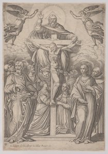 Kolminaisuus, ristiinnaulitseminen keskellä ja pyhät molemmilla puolilla, 1586. tekijältä Giovanni Battista Cavalieri