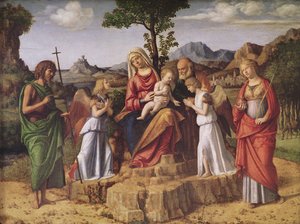 Pyhä keskustelu (Pyhä perhe enkelien ympäröimänä, Saint Lucy ja Pyhä Johannes Kastaja), pysähtyminen ennen lentoa Egyptiin, n. 1490