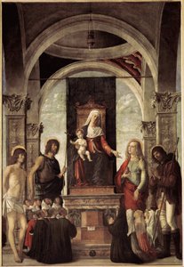 Pyhä keskustelu, neitsyt lapsen kanssa Pyhän Johannes Kastajan, Pyhän Sebastianin, Pyhän Rochin, Pyhän Maria Magdaleenan ympäröimänä (öljy kankaalle, n. 1487-1488) tekijältä Giovanni Battista Cima da Conegliano