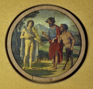 Kosketinsoittimen suojus, jossa Apollo (lyyra) ja Marsyasta kuvaava kuva tekijältä Giovanni Battista Cima da Conegliano