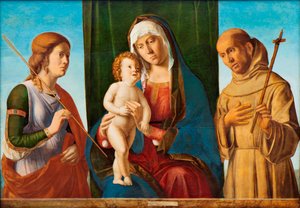 Madonna ja lapsi pyhien Ursulan ja Franciscus Assisilaisen välillä, n. 1495. tekijältä Giovanni Battista Cima da Conegliano