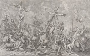 Ristiinnaulitseminen, ristin laskeminen keskellä, sotilaat läpi ja varas..., 1762. tekijältä Giovanni Battista Cipriani