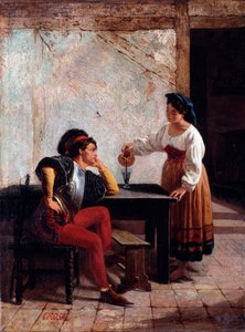 Nuori palvelija majatalossa ja sotilas Giovanni Battista Crosan maalaus (toiminut 1859-1882) 1865 Koko 98x64 cm Genes, Galleria d