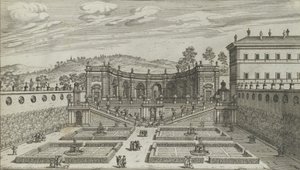 Toinen perspektiivinäkymä Mondragonen Teatro et Giardino Contigvosta Frasissa ..., 1691 tai sen jälkeen. tekijältä Giovanni Battista Falda