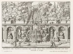 Cascade en Teatro delle Acque in de tuinen van de Villa Torlonia te Frascati Esite Villa Ludovisian teatterista ja vesikaskadista (...) (otsikko esineessä) Frascati-huviloiden suihkulähteet (sarjan nimi) Fonteinen van Frascati (sarjan nimi) tekijältä Giovanni Battista Falda