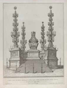Katafalkki paavi Klemens X:lle: 15-portaiselle tasangolle kohotettu keskusrakennelma, 1676.