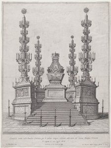 Katafalkki paavi Clement X:lle, keskirakenne viidentoista porrastason yläosassa, 1676.