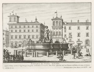 Fontana del Moro Piazza Navona te Roomassa Suihkulähde Piazza Navonalla (otsikko esineessä) Fountains of Rome (sarjan nimi) Fonteinen van Rome (sarjan nimi) tekijältä Giovanni Battista Falda