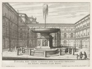 Fontein in de Cortile del Belvedere Vatikaanissa Suihkulähde Vatikaanin palatsin suurella pihalla (otsikko esineessä) Fountains of Rome (sarjan nimi) Fonteinen van Rome (sarjan nimi) tekijältä Giovanni Battista Falda