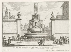 Fontein in de binnenplaats van Palazzo Taverna te Rome Suihkulähde Mr. Braccianon herttua (otsikko esineessä) Fountains of Rome (sarjan nimi) Fonteinen van Rome (sarjan nimi) tekijältä Giovanni Battista Falda