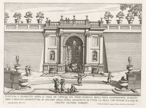 Fontein in de tuinen van de Villa Aldobrandini te Frascati Suihkulähde ja korkeus sypressikadun yläpuolella (...) (otsikko esineessä) Frascati-huviloiden suihkulähteet (sarjan nimi) Fonteinen van Frascati (sarjan nimi) tekijältä Giovanni Battista Falda