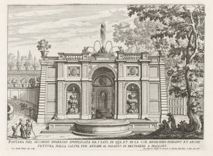 Fontein in de tuinen van de Villa Aldobrandini te Frascati Suihkulähde toisessa sisäänkäynnissä kaksinkertaistunut sivuilta (...) (otsikko esineessä) Frascatin huviloiden suihkulähteet (sarjan nimi) Fonteinen van Frascati (sarjan nimi) tekijältä Giovanni Battista Falda