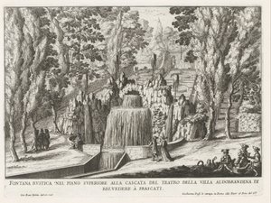 Fontein in de tuinen van de Villa Aldobrandini te Frascati Maalaismainen suihkulähde teatterin vesiputouksen yläkerrassa (...) (otsikko esineessä) Frascatin huviloiden suihkulähteet (sarjan nimi) Fonteinen van Frascati (sarjan nimi) tekijältä Giovanni Battista Falda