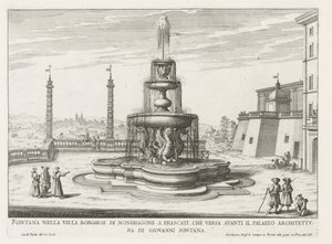 Fontein in de tuinen van de Villa Mondragone te Frascati Suihkulähde Villa Borghese di Mondragonessa Frascatissa (...) (otsikko esineessä) Frascati-huviloiden suihkulähteet (sarjan nimi) Fonteinen van Frascati (sarjan nimi) tekijältä Giovanni Battista Falda